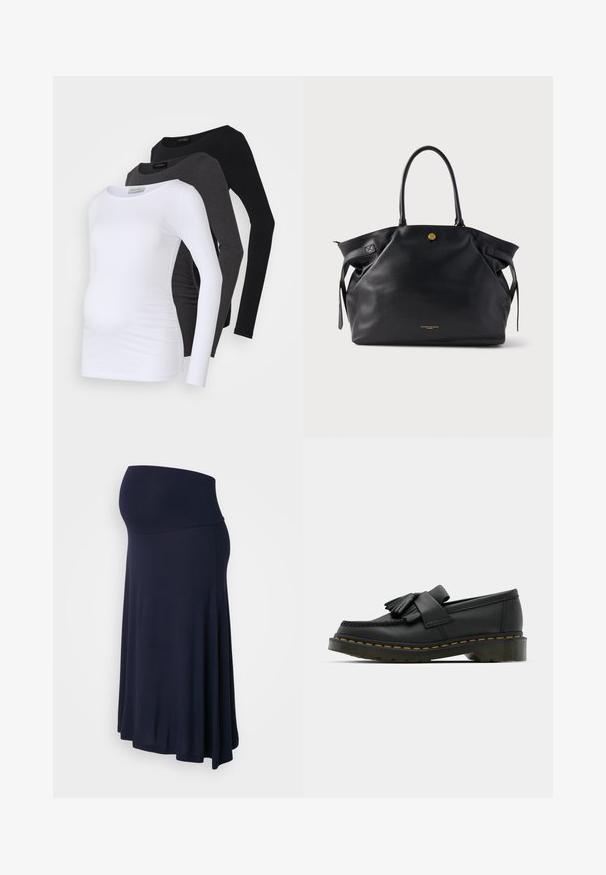 Tre langærmede graviditetstoppe i hvid, kulfarvet og sort. Lavet af blødt stof med en glat overflade og med detaljer som skråning på siden for ekstra komfort.; Graviditetsnederdel i marineblå, lavet af blødt, strækbart stof. Har en høj talje og et svunget, A-formet design.; Sorte læder loafers med rund tå, der har frynse detaljer og et dekorativt bånd på tværs af fronten, sat på en kraftig hæl.; Sort lædertaske med tekstureret overflade, guldfarvet beslag og to runde håndtag. Har en sikker lukning og minimal branding.