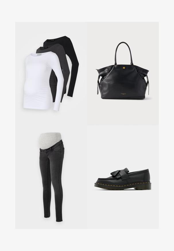 Trys ilgomis rankovėmis motinystės marškiniai baltos, anglies ir juodos spalvos. Pagaminti iš minkštos medžiagos su lygia tekstūra ir šoniniu surinkimu patogumui.; Tėvystės džinsai tamsiai pilko džinsinio audinio su minkštu, pilku elastingu juosmeniu patogumui. Liesas siluetas su standartinėmis kišenėmis.; Juodi odiniai loaferiai su apvaliu pirštu, turi fransuojančią detalę ir dekoratyvinę juostelę priekyje, įrengti ant masyvaus kulno.; Juoda odinė pirkinių rankinė su tekstūruotu paviršiumi, auksinės spalvos detalėmis ir dviem apvaliais rankenomis. Turi saugų užsegimą ir minimalistinį prekės ženklo ženklinimą.