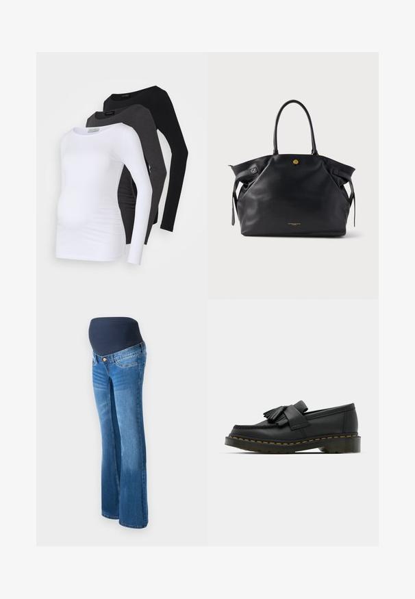 Three long-sleeve maternity tops in white, charcoal, and black. Made of soft fabric with a smooth finish and side ruching detail for comfort.; Maternity jeans made of blue denim, featuring a dark navy stretch panel at the waist, flared legs, and classic five-pocket design.; Black leather loafers with a rounded toe, featuring a fringed detail and a decorative band across the front, set on a chunky heel.; Black leather tote bag with a textured surface, gold hardware, and two rounded handles. Features a secure closure and minimal branding.