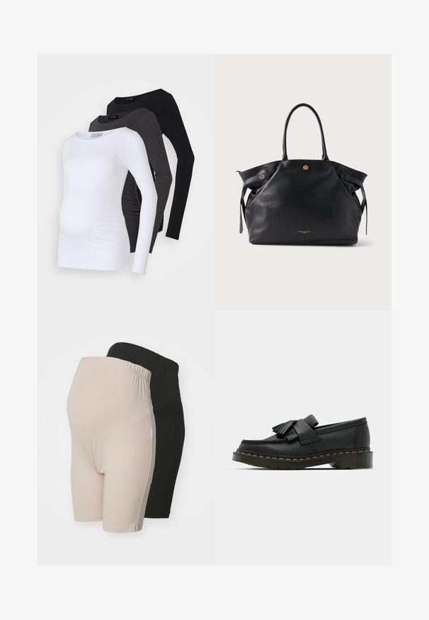 Trīs garām piedurknēm paredzētas grūtnieču blūzes baltā, antracīta un melnā krāsā. Izgatavotas no mīksta auduma ar gludu apdari un sānu ručka detaļām komfortam.; Maternitātes šortu komplekts bēšā un melnā krāsā. Izgatavots no mīksta auduma; iekļauts elastīgs josts komfortam; ceļgala garuma dizains.; Melnas ādas mokasīni ar apaļu purngalu, piedāvā frizētus detalizējumus un dekoratīvu joslu priekšā, uz masīva papēža.; Melna ādas tote soma ar reljefu, zelta detaļām un divām noapaļotām rokturiem. Izceļas ar drošu aizdari un minimālu zīmola logotipu.