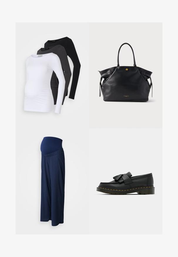 Tres blusas de maternidad de manga larga en blanco, carbón y negro. Fabricadas con una tela suave de acabado liso y detalle de fruncido lateral para mayor comodidad.; Pantalones de maternidad azul marino con una cinturilla elástica y texturizada. Las piernas son anchas y fluidas, diseñadas para el confort durante el embarazo.; Mocasines de cuero negro con punta redonda, que presentan un detalle de flecos y una banda decorativa en la parte frontal, montados sobre un tacón grueso.; Bolso tote de cuero negro con superficie texturizada, herrajes dorados y dos asas redondeadas. Cuenta con un cierre seguro y branding minimalista.