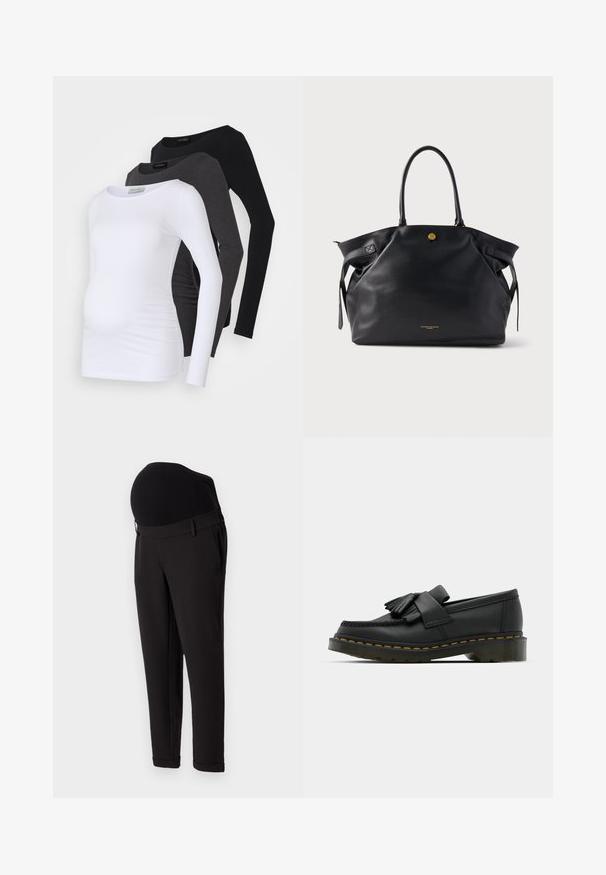 Trys ilgomis rankovėmis motinystės marškiniai baltos, anglies ir juodos spalvos. Pagaminti iš minkštos medžiagos su lygia tekstūra ir šoniniu surinkimu patogumui.; Juodos nėštumo kelnės su aukštu, elastingu juosmeniu ir siaurėjančiu siluetu. Medžiaga turi lygų paviršių su menku blizgesiu.; Juodi odiniai loaferiai su apvaliu pirštu, turi fransuojančią detalę ir dekoratyvinę juostelę priekyje, įrengti ant masyvaus kulno.; Juoda odinė pirkinių rankinė su tekstūruotu paviršiumi, auksinės spalvos detalėmis ir dviem apvaliais rankenomis. Turi saugų užsegimą ir minimalistinį prekės ženklo ženklinimą.