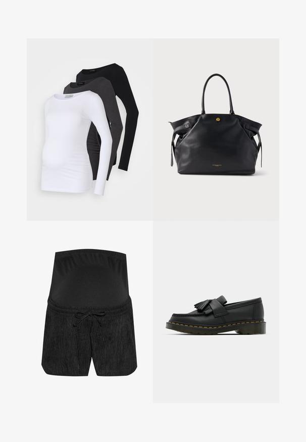 Kolme pitkähihaista äitiystoppia, valkoisena, hiilenvärisenä ja mustana. Valmistettu pehmeästä kankaasta, jossa on sileä pinta ja sivusaumassa muotoilu mukavuutta varten.; Mustat äitiysshortsit, joissa on hienostunut kuvio, nauhavyötärö ja sileä, joustava vyötärö. Pehmeä kangas mukavuutta varten.; Musta nahkakengät, joissa on pyöreä varvas, fringed-yksityiskohta ja koristeellinen nauha edessä, paksulla kannalla.; Musta nahkainen olkalaukku, jossa on teksturoitu pinta, kullanväriset metalliosat ja kaksi pyöreää kantokahvaa. Varustettu turvallisella sulkimella ja hillityllä brändäyksellä.