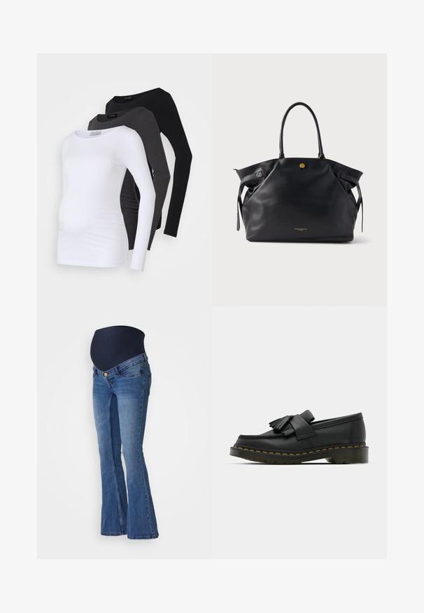 Kolm pikakäiselist rasedustoppi valget, söe-ja musta värvistoones. Valmistatud pehmest kangast, mis on sileda viimistlusega ning külje rüüside detailiga mugavuse tagamiseks.; Keskmise sinise denimi raseduspidulikud laienevad teksad, tumeda meretaguse venitusmaterjaliga vöökoht ja kaks esipunkti hõbedase nööbi detailiga.; Mustad nahast loafers ümmarguse toe ja fribulaga detailiga, millel on dekoratiivne riba ees ja mis on paigutatud paksule kannale.; Mustast nahast ostukott, millel on tekstuuriga pind, kuldsed detailid ja kaks ümarat käepidet. Varustatud turvalise sulgemise ja minimaalse brändinguga.