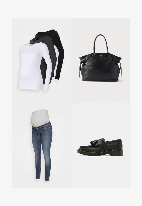 Tri dolgi rokavi za nosečnice v beli, ogljeni in črni barvi. Narejeni so iz mehkega materiala z gladko obdelavo in stranskim gubanjem za udobje.; Trenčnike za nosečnice v temno modrem denimu z mehkim sivo majicnim panelom za udobje, klasično zasnovo s petimi žepi in rahlim bledenjem.; Črne usnjene loafer čeveljce z zaobljenim prstom, okrašene s frufrum in dekorativnim trakom spredaj, postavljene na debelo peto.; Črna usnjen torbica z motorno površino, zlato kovinsko opremo in dvema zaobljenima ročajema. Ima varno zapiranje in minimalistično blagovno znamko.