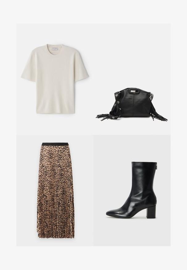 Krēmveidīga T-kreklu ar īsām piedurknēm, apaļo kakla izgriezumu, izgatavota no mīksta materiāla, ar taisnu griezumu un minimālu dekoru.; Bežs pleatēts maxi svārks ar melnu leopardu rakstu, ar melnu elastīgu jostasvietu un vieglu, teksturētu audumu.; Melna ādas potītes zābaks ar norādītu purngalu un 4 cm bloku papēdi. Gluds dizains ar sānu rāvējslēdzēju vieglai uzvilkšanai. Gluda tekstūra.; Maje MISS MINI - Soma ar siksnu pāri ķermenim - noir