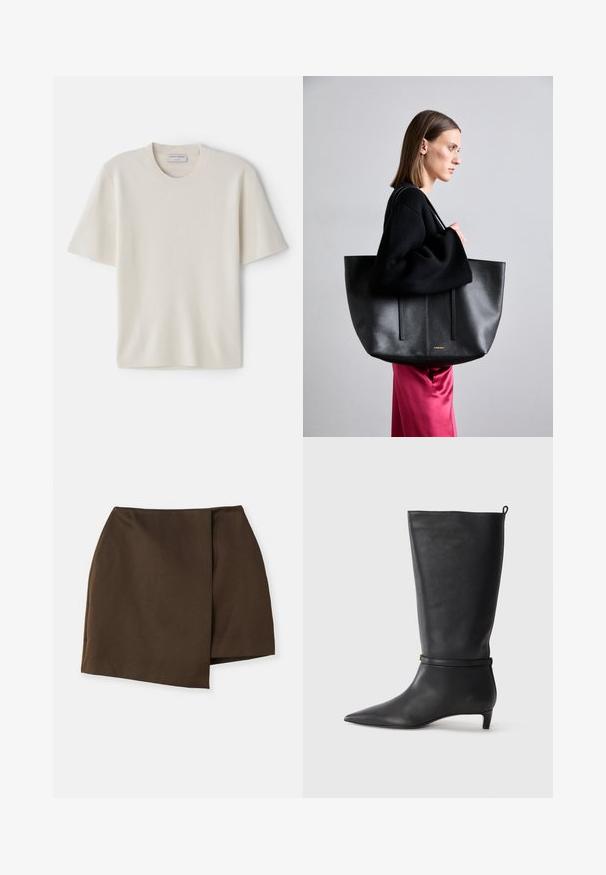 Krēmveidīga T-kreklu ar īsām piedurknēm, apaļo kakla izgriezumu, izgatavota no mīksta materiāla, ar taisnu griezumu un minimālu dekoru.; By Malene Birger RAYE - A-silueta svārki - dark mahogany; Melnas ādas līdz ceļiem stīgas ar norādītu purngalu, akcentētas ar apaļu siksnu ap potīti un zemu, sašaurinātu papēdi. Gluda tekstūra.; Melnas ādas rokas soma ar teksturētu apdari, kas ietver divas vertikālas līnijas, divas plecu siksnas un minimālistisku dizainu.; Zelta krāsas metāla matu spraude ar gludu, noapaļotu dizainu. Virsma ir spīdīga, ar savienotu, izliekta formu, bez papildu rotājumiem.