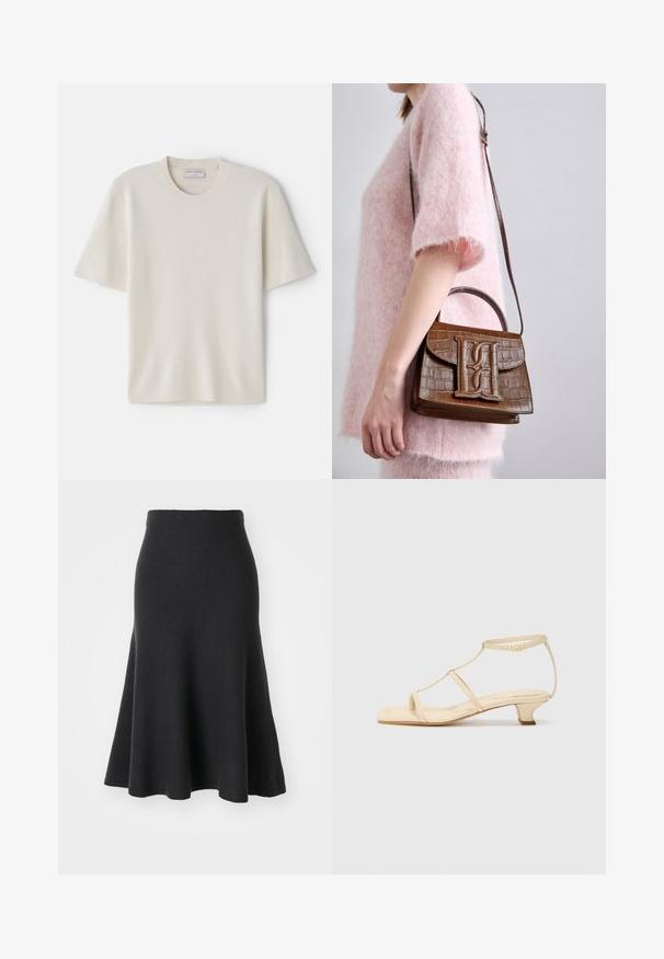 Krémové tričko s krátkym rukávom a okrúhlym výstrihom, vyrobené z mäkkého materiálu, s rovnými líniami a minimálnym zdobením.; Čierna rozšírená sukňa z jemného materiálu, s vysokým pásom, hladkou textúrou a siluetou do A, ktorá siahne po polovicu lýtok.; Béžové sandále na podpätku s dizajnom T-popruhu, štvorcovou špičkou, nastaviteľným členkovým remienkom a nízkym blokovým podpätkom. Hladký kožený materiál.; Hnedá kabelka s embosovaným vzorom krokodíla, so spodnou rukoväťou a ramenným popruhom. Obsahuje výrazné logo na prednom klape. Mäkká textúra.