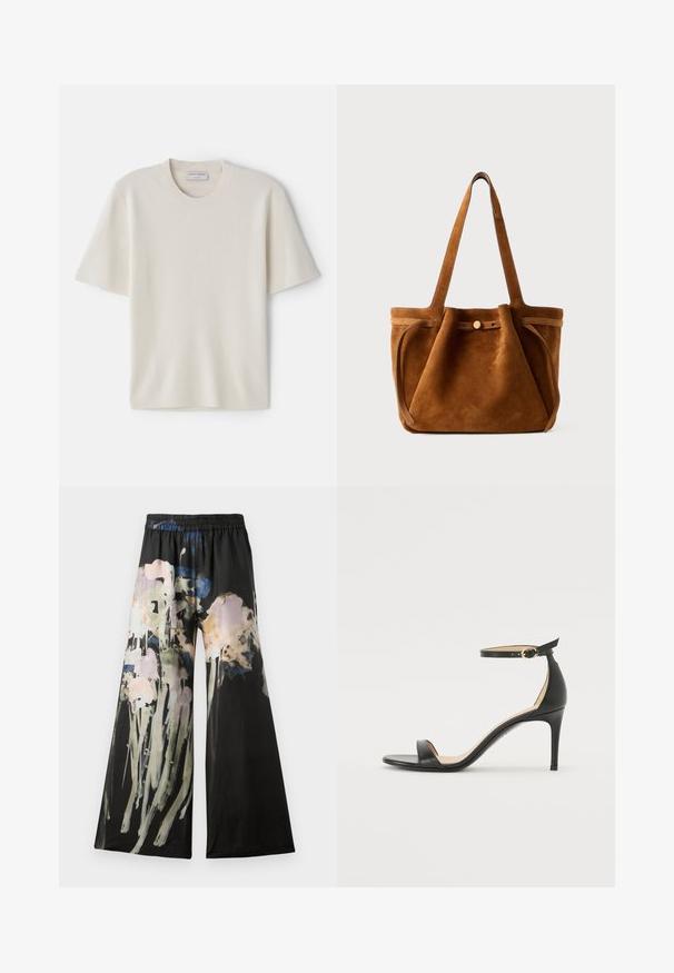 Crème t-shirt met korte mouwen en een ronde halslijn, gemaakt van zacht materiaal, met een rechte snit en minimale details.; Zwarte wijde broek van stof met een aquarel bloemendessin in roze, blauw en groene tinten; elastische tailleband voor comfort.; Zwarte leren hoge hak sandaal met enkelbandje. Heeft een gladde textuur, open teen en een dunne hak. Gouden gesp detail.; Bruine suède totebag met dubbele handvaten, een knoopsluiting en een ontspannen, iets slonzige vorm.