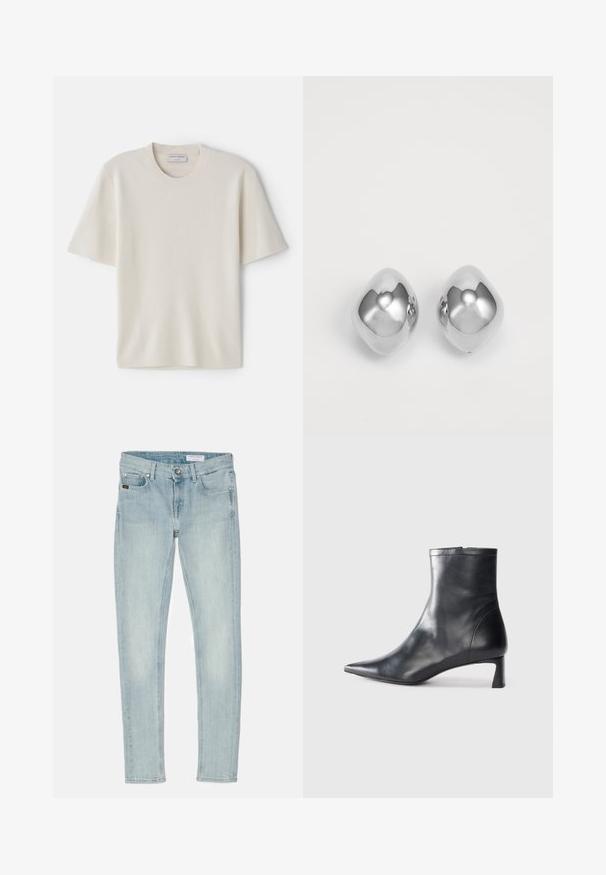 Kremos šviesiai geltonas trumpų rankoviu marškinėliai su apvaliu iškirpimu, pagaminti iš minkštos medžiagos, turintys tiesų siluetą ir minimalų dekorą.; Šviesiai mėlynos džinsinės liesos kelnės, su mygtuko uždarymu, penkiais kišenėmis ir subtiliais dėvėjimo žymenimis ant šlaunų ir kelių.; Juodas odinis kulkšninis batas su smailiu pirštu ir elegantišku dizainu. Turi žemą kulną ir užtrauktuką gale. Lygi tekstūra.; Sidabriniai metaliniai auskarai su lygia, apvalia forma, pasižymintys poliruotu paviršiumi ir atspindinčia danga. Minimalistinis dizainas be dekoracijų.