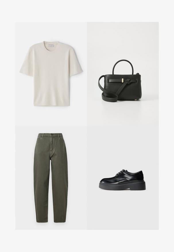 Kremos šviesiai geltonas trumpų rankoviu marškinėliai su apvaliu iškirpimu, pagaminti iš minkštos medžiagos, turintys tiesų siluetą ir minimalų dekorą.; Kaki žali kelnės pagamintos iš patvarios medžiagos, pasižyminčios aukštu juosmeniu, tiesiu kojų dizainu, sagčių uždarymu ir šoninėmis kišenėmis.; Juodi odiniai batai su apvaliu pirštu, storiu platforminiu padu ir dekoratyviais raišteliais. Lygus paviršius ir kontrastinga siuvimo linija matomi.; Juodas odinis rankinė su tekstūruotu paviršiumi, viršutiniais rankenėlėmis ir ilgu reguliuojamu diržu. Priekyje turi auksinės spalvos apdailą.