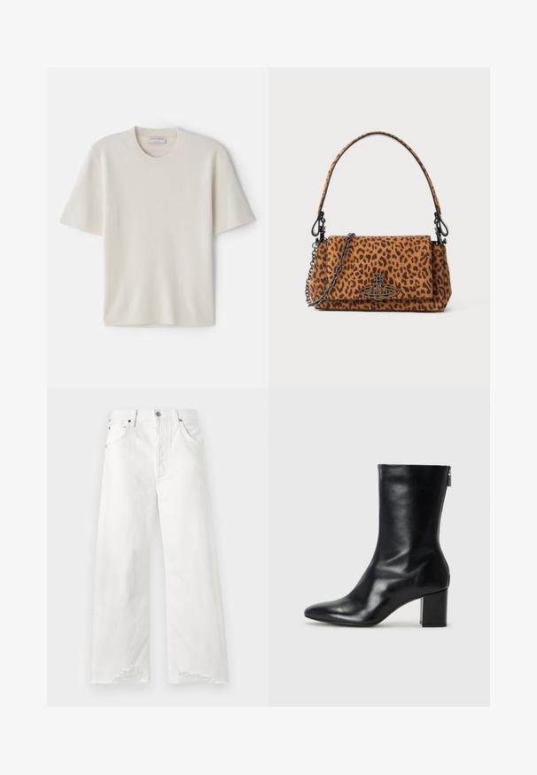 Krēmveidīga T-kreklu ar īsām piedurknēm, apaļo kakla izgriezumu, izgatavota no mīksta materiāla, ar taisnu griezumu un minimālu dekoru.; Baltas platajās džinsi, izgatavoti no denima, ar augstu jostasvietu, priekšējām kabatām un nokratīta apakšmalas detaļām.; Melna ādas potītes zābaks ar norādītu purngalu un 4 cm bloku papēdi. Gluds dizains ar sānu rāvējslēdzēju vieglai uzvilkšanai. Gluda tekstūra.; Leoparda raksta roka somiņa, izgatavota no zamšādas, ar īsu rokturi, ķēdes siksnu un melnu metāla aizdari. Taisnstūra forma ar pārklājuma aizdari.