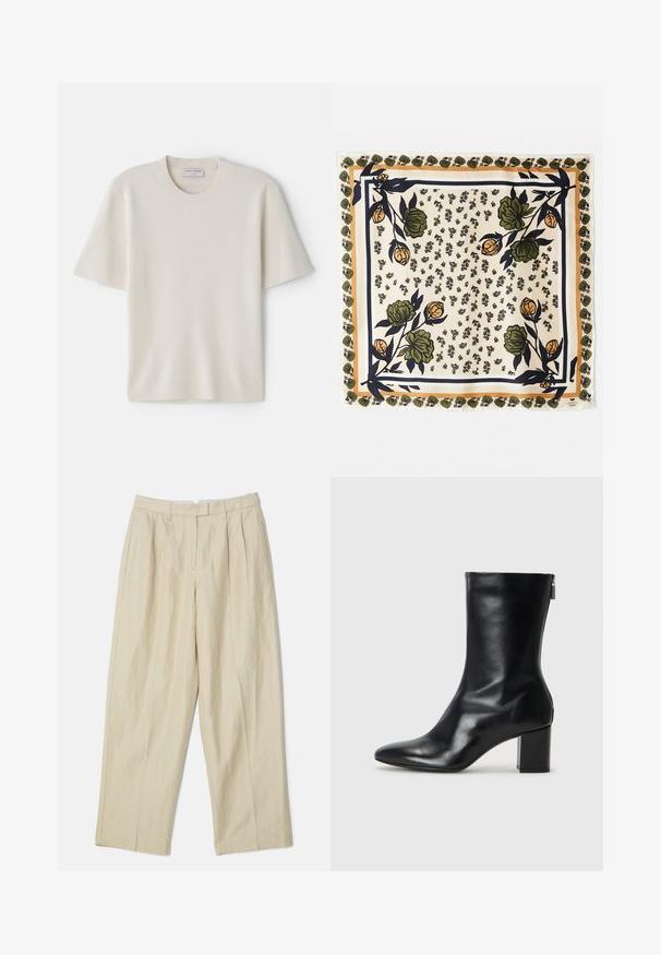 Krèmi-farbene Kurzarm-T-Shirt mit rundem Ausschnitt, aus weichem Material gefertigt, mit geradem Schnitt und minimaler Ausstattung.; Beige Leinenhosen mit weitem Schnitt, featuring Vorderfalten, Seitentaschen und einer glatten Textur. Klassischer Schnitt und vielseitiger Stil.; Schwarze Leder-Ankle-Boots mit spitzer Zehe und 4 cm Blockabsatz. Schlankes Design mit einem seitlichen Reißverschluss für einfaches Anziehen. Glatte Textur.; Seidenschal mit einem cremfarbenen Hintergrund und floralem Design in Grün und Orange. Umrandet von einem gemusterten Rand mit grünen Akzenten.