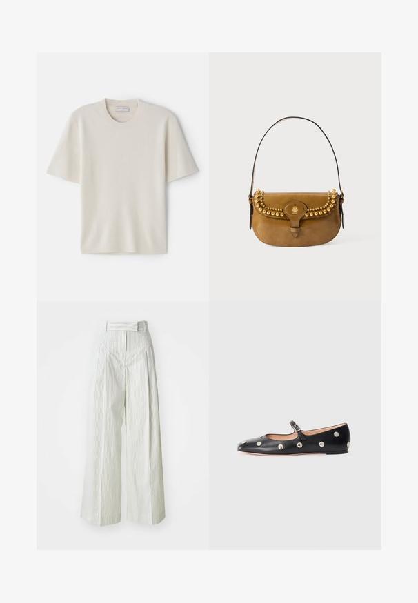Krémové tričko s krátkym rukávom a okrúhlym výstrihom, vyrobené z mäkkého materiálu, s rovnými líniami a minimálnym zdobením.; Svetlé zelené široké nohavice s vertikálnymi bielymi pruhmi. Majú vysoký pás, pútka na opasok a hladkú bavlnenú textúru.; Čierne kožené baleríny typu Mary Jane s okrúhlou špičkou, so striebornými kruhovými cvokmi a nastaviteľným remienkom so sponou.; Hnedá kožená kabelka s krivkovým tvarom, s pozlátenými kovanými ozdobami pozdĺž hornej časti, krátkym popruhom a prackovým uzáverom.