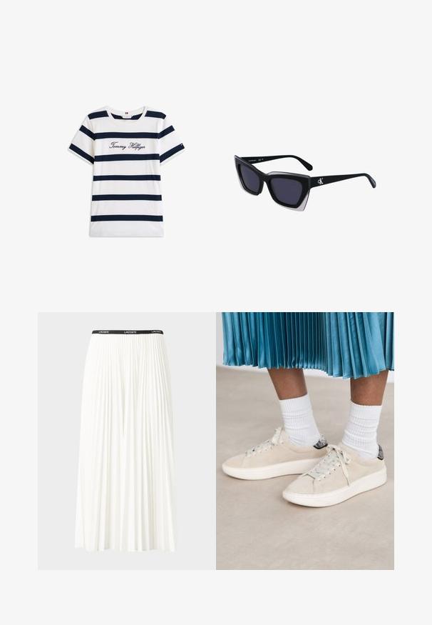 T-shirt en coton avec des rayures horizontales bleu marine sur un fond blanc. "Tommy Hilfiger" brodé en écriture cursive sur la poitrine. Encolure ras du cou.; Jupe plissée blanche avec une taille élastique noire portant le logo "LACOSTE". Design mi-long avec une texture douce.; Des baskets en daim beige avec une semelle en caoutchouc blanc et un design à lacets. Accent ué d'un arrière en tab noir texturé. Portées avec des chaussettes blanches côtelées.; Lunettes de soleil noires surdimensionnées avec une forme géométrique, dotées de verres foncés et d'un détail gris contrastant sur la monture. Logo sur la branche.