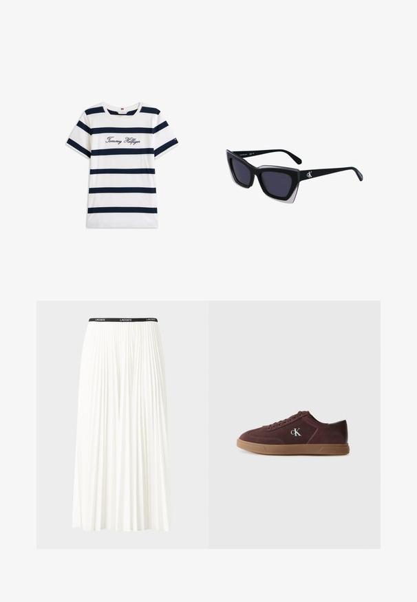 Cotton T-shirt with horizontal navy stripes on a white background. "Tommy Hilfiger" embroidered in cursive on the chest. Crew neckline.; Pleated white skirt with a black elastic waistband featuring the "LACOSTE" logo. Mid-length design with soft texture.; Calvin Klein Trainers - bordeaux; Black oversized sunglasses with a geometric shape, featuring dark lenses and a contrasting grey detail on the frame. Logo on the arm.