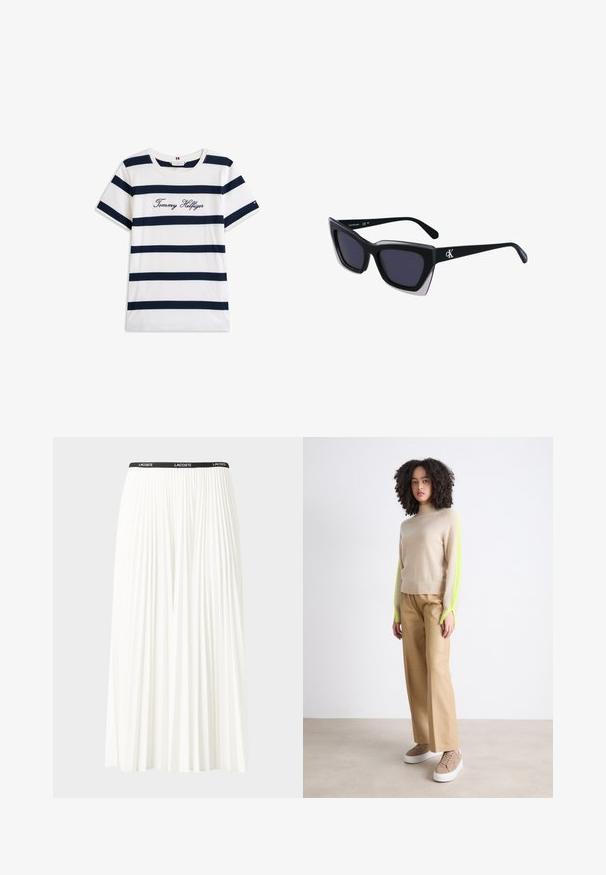Bawełniana koszulka z poziomymi granatowymi paskami na białym tle. "Tommy Hilfiger" wyszyte kursywą na klatce piersiowej. Okrągły dekolt.; Plisowana biała spódnica z czarnym elastycznym pasem z logo "LACOSTE". Średniej długości, o miękkiej teksturze.; Beżowy sweter z neonowozielonymi rękawami, w połączeniu z beżowymi spodniami o szerokich nogawkach i jasnobrązowymi sneakersami na neutralnym tle.; Czarne, oversize okulary przeciwsłoneczne o geometrycznym kształcie, z ciemnymi soczewkami i kontrastującym szarym detalem na oprawie. Logo na ramieniu.