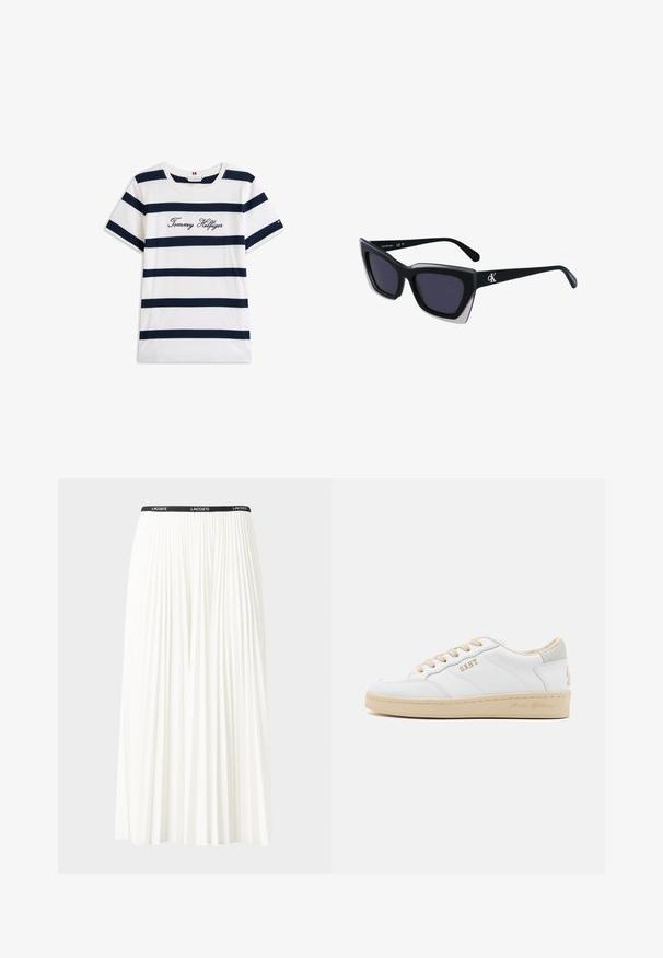 Cotton T-shirt with horizontal navy stripes on a white background. "Tommy Hilfiger" embroidered in cursive on the chest. Crew neckline.; Pleated white skirt with a black elastic waistband featuring the "LACOSTE" logo. Mid-length design with soft texture.; White leather sneakers with beige accents, rounded shape, and textured rubber sole. Features "GANT" logo and five lace holes.; Black oversized sunglasses with a geometric shape, featuring dark lenses and a contrasting grey detail on the frame. Logo on the arm.