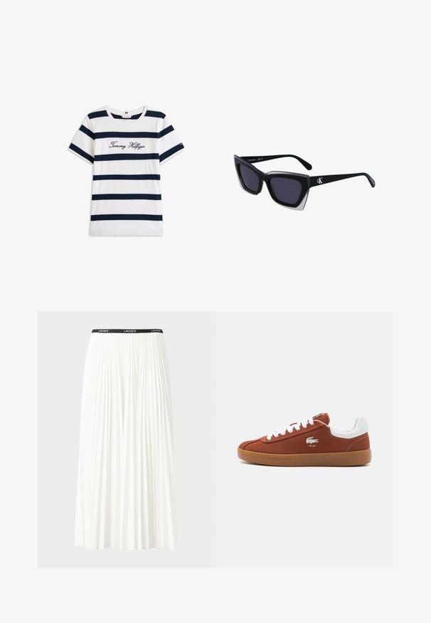 Koftet laget av bomull har horisontale marineblå striper på hvit bakgrunn. "Tommy Hilfiger" brodert i kursiv på brystet. Rund hals.; Plissert hvit skjørt med en svart elastisk midje som har "LACOSTE"-logoen. Midjelengde design med myk tekstur.; Lacoste BASESHOT 224 - Joggesko - brown; Store svarte solbriller i overdimensjonert størrelse med geometrisk form, med mørke linser og en kontrasterende grå detalj på rammen. Logo på armen.