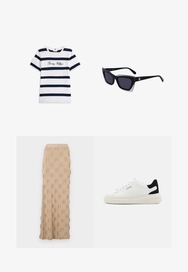 Puuvillainen t-paita, jossa on vaakasuoria tummansinisiä raitoja valkoisella taustalla. "Tommy Hilfiger" brodeerattu kursiivilla rintamuksessa. Pyöreä kaula-aukko.; Beige neulemaxihame, jossa on tekstuurikuvio ja repsottavia yksityiskohtia ympäriinsä, sekä ribattu vyötärö. Sujuva ja joustava materiaali.; Valkoiset nahkakengät paksulla valkoisella pohjalla, mustalla mokkanahkaosuudella kannassa ja kohokuvioitu logo sivulla. Nauhakeskitys kuudella reiällä.; Mustat ylisuuret aurinkolasit, joissa on geometrinen muoto, tummat linssit ja kehykseen erottuva harmaa yksityiskohta. Logo varressa.