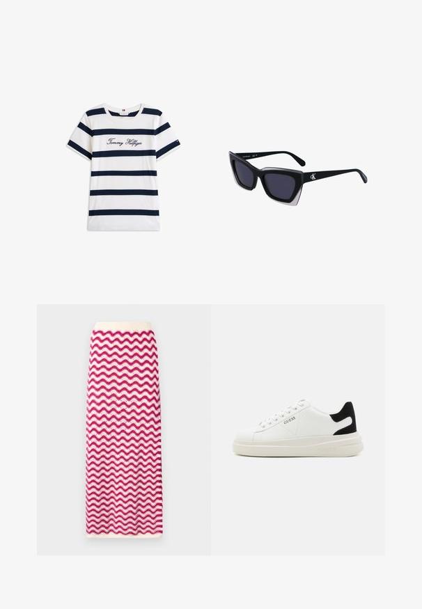 T-shirt i bomull med horisontella marinblå ränder på vit bakgrund. "Tommy Hilfiger" broderat i kursiv på bröstet. Rund halsringning.; Stickad midi kjol med ett vågigt mönster i rosa och vitt. Elastisk midjeband och texturerad yta. Rak silhuett och längd till anklarna.; Vita lädersneakers med en tjock vit sula, svartsuede hälaccent och präglad logotyp på sidan. Snörningsdesign med sex öglor.; Svart överdimensionerade solglasögon med geometrisk form, med mörka linser och en kontrasterande grå detalj på ramen. Logotyp på bygeln.