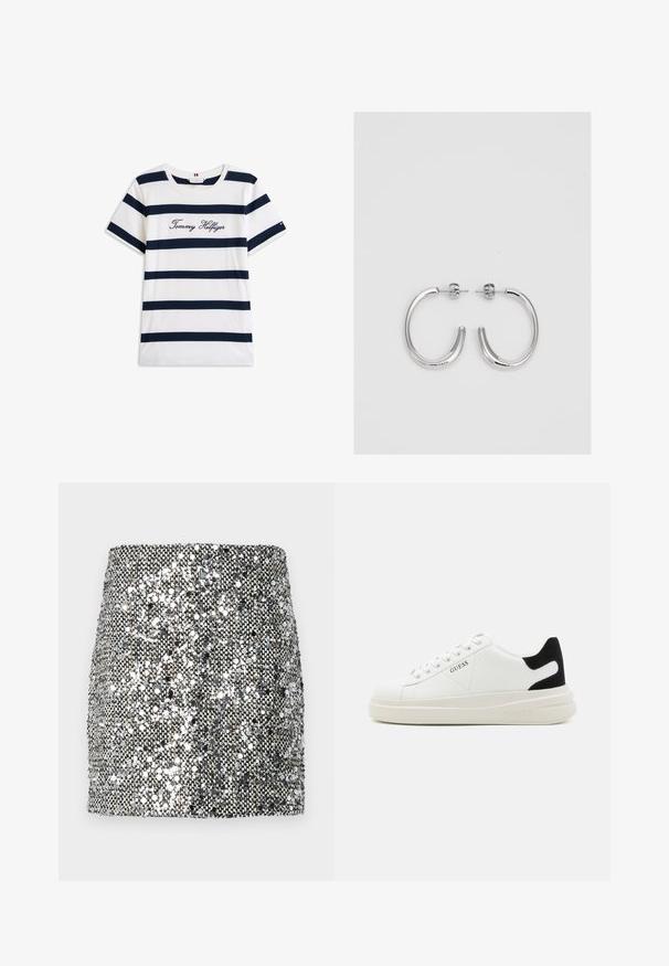 Bombažna majica s horizontalnimi mornarsko modrimi črtami na belem ozadju. "Tommy Hilfiger" izvezeno v kurzivni pisavi na prsih. Okrugli izrez.; Mini krilo s sequini v metalno srebrni in črni barvni shemi, teksturirana površina z odsevajočimi sequini ter prilegajoča zasnova.; Bele usnjene športne copate z debelim belim podplatom, črnimi semišnimi detajli na peti in utisnjenim logotipom na strani. Zavezovanje s šestimi luknjicami.; Srebrne obročaste uhane z gladko, sijočo površino. Zaobljena oblika, lahka zasnova, z zapiranjem na zatič.