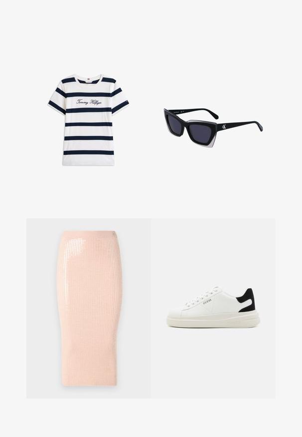 T-shirt en coton avec des rayures horizontales bleu marine sur un fond blanc. "Tommy Hilfiger" brodé en écriture cursive sur la poitrine. Encolure ras du cou.; Jupe midi en tricot rose doux avec des côtes verticales et des sequins accentuant un côté, présentant une silhouette ajustée et un tissu extensible.; Baskets en cuir blanc avec une épaisse semelle blanche, un accent en daim noir au niveau du talon et un logo embossé sur le côté. Design à lacets avec six œillets.; Lunettes de soleil noires surdimensionnées avec une forme géométrique, dotées de verres foncés et d'un détail gris contrastant sur la monture. Logo sur la branche.; Boucles d'oreilles en argent avec une finition lisse et brillante. Forme arrondie, conception légère, avec un fermoir à tige.