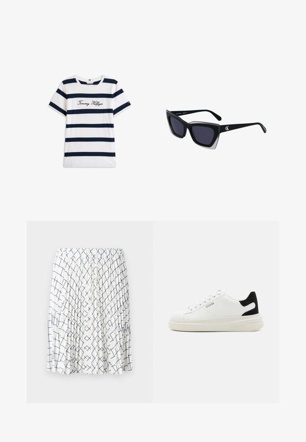 Puuvillainen t-paita, jossa on vaakasuoria tummansinisiä raitoja valkoisella taustalla. "Tommy Hilfiger" brodeerattu kursiivilla rintamuksessa. Pyöreä kaula-aukko.; Valkoinen hame, jossa on pleatattu muotoilu, ja tummansinisessä on geometristen kuvioiden leikkaavia viivoja. Kuminauha, jossa on nyöritys.; Valkoiset nahkakengät paksulla valkoisella pohjalla, mustalla mokkanahkaosuudella kannassa ja kohokuvioitu logo sivulla. Nauhakeskitys kuudella reiällä.; Mustat ylisuuret aurinkolasit, joissa on geometrinen muoto, tummat linssit ja kehykseen erottuva harmaa yksityiskohta. Logo varressa.