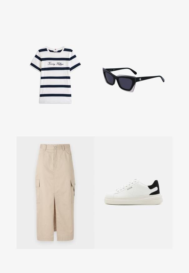 Μπλούζα φανέλα από βαμβάκι με οριζόντιες ναυτικές ρίγες σε λευκό φόντο. "Tommy Hilfiger" κεντημένο με καλλιγραφικά γράμματα στο στήθος. Στρογγυλή λαιμόκοψη.; Μπεζ φόρεμα cargo κατασκευασμένο από βαμβάκι, διαθέτει μπροστινό σκίσιμο, καπιτονέ τσέπες στο πλάι και κλείσιμο με κουμπί στη μέση. Λείος υφής σε όλη την επιφάνεια.; Λευκά δερμάτινα αθλητικά παπούτσια με χοντρή λευκή σόλα, μαύρη σουέτ λεπτομέρεια στην φτέρνα και ανάγλυφο λογότυπο στο πλάι. Σχέδιο με κορδόνια και έξι θηλιές.; Μαύρα υπερμεγέθη γυαλιά ηλίου με γεωμετρικό σχήμα, διαθέτοντας σκούρους φακούς και αντίθεση γκρίζα λεπτομέρεια στη σκελετό. Λογότυπο στον βραχίονα.