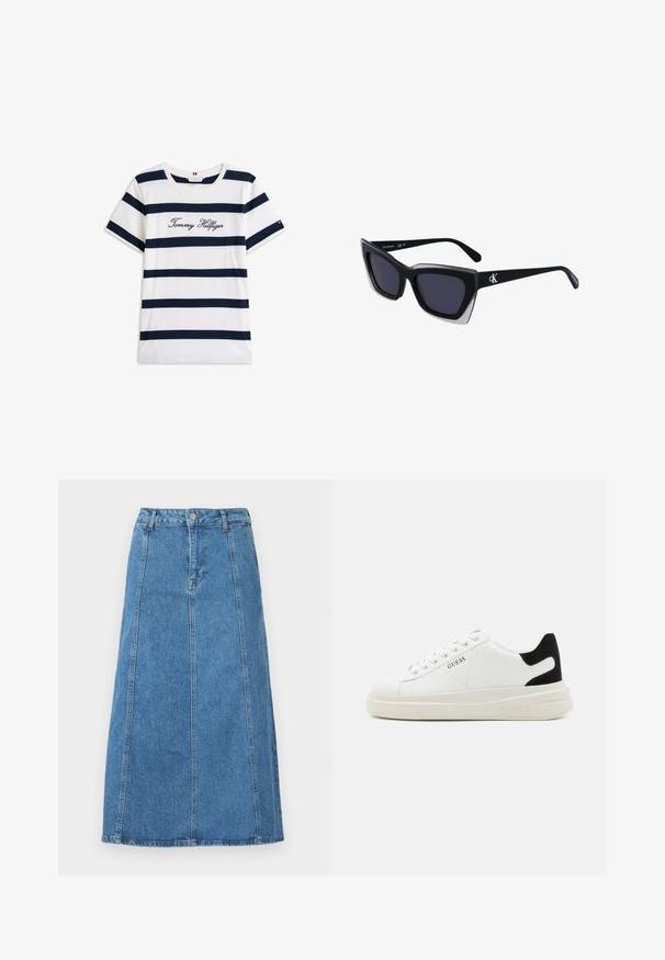 Kokvilnas T-krekls ar horizontālām tumši zilām svītrām uz balta fona. "Tommy Hilfiger" izšūts skriptā uz krūšu daļas. Cauruma apkakle.; Gaišzila džinsu midi svārki ar taisnu griezumu, priekšējo pogu aizdari, piecām jostas cilpām un divām sānu šuvju kabatām.; Baltas ādas sporta apavi ar biezu balto zoli, melna zamša uzpura un izspiestais logotips sānos. Šņorējuma dizains ar sešiem acu caurumiem.; Melni pārmēru saulesbrilles ar ģeometrisku formu, kas aprīkotas ar tumšiem stikliem un kontrastējošu pelēku akcentu uz rāmja. Logo uz kājas.