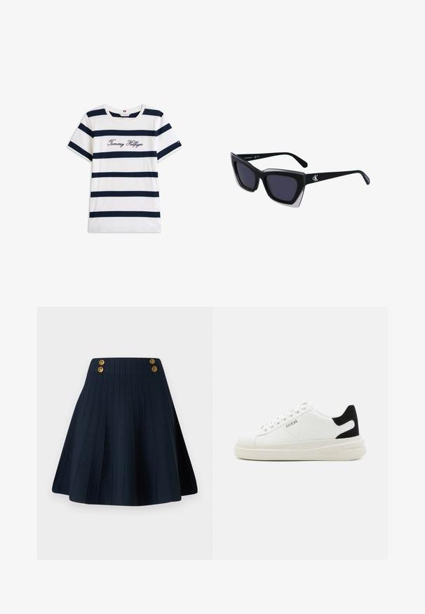 Fehér alapú, vízszintes sötétkék csíkos pamut póló. A mellkason írásos stílusban hímzett "Tommy Hilfiger" felirat. Kerek nyakú.; Tengerészkék, pliszírozott szoknya texturált anyagból, magas derékban, elöl két aranygombbal, amely letisztult vonalat és struktúrált formát kölcsönöz.; Fehér bőr sportcipők vastag fehér talppal, fekete velúr sarokpikkelyel és dombornyomott logóval az oldalon. Fűzős kialakítás, hat fűzőlyukkal.; Fekete, nagyméretű napszemüveg geometrikus formával, sötét lencsékkel és kontrasztos szürke részlettel a kereten. Logó a szárán.