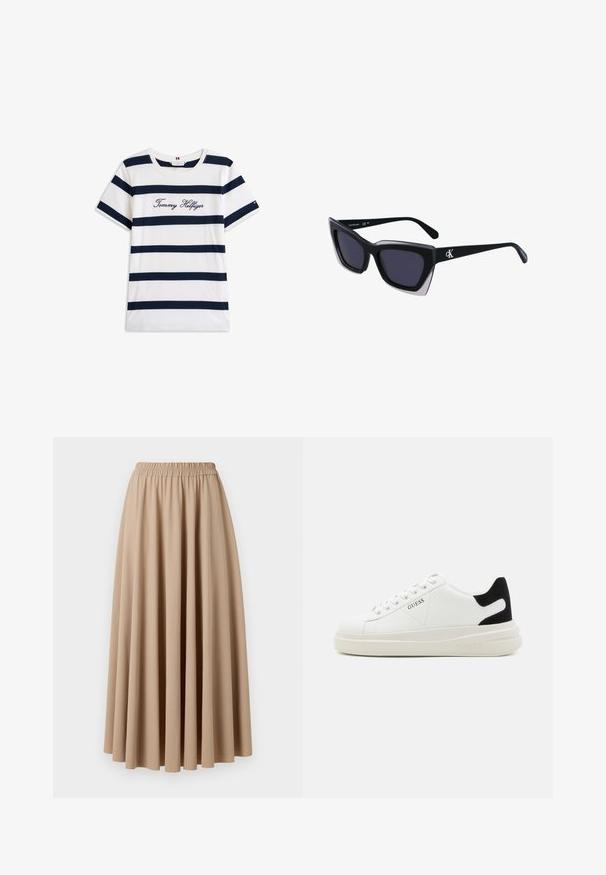 Bombažna majica s horizontalnimi mornarsko modrimi črtami na belem ozadju. "Tommy Hilfiger" izvezeno v kurzivni pisavi na prsih. Okrugli izrez.; Bež maxi krilo z elastičnim pasom, izdelano iz mehkega materiala s tekočim, nabranim dizajnom. Gladka tekstura, enotna barva.; Bele usnjene športne copate z debelim belim podplatom, črnimi semišnimi detajli na peti in utisnjenim logotipom na strani. Zavezovanje s šestimi luknjicami.; Črne prevelike sončne očala geometrijske oblike, z temnimi lečami in kontrastno sivo podrobnostjo na okvirju. Logo na ročaju.