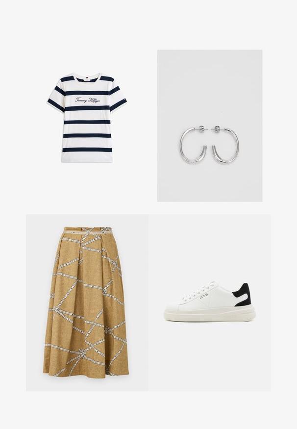 Puuvillainen t-paita, jossa on vaakasuoria tummansinisiä raitoja valkoisella taustalla. "Tommy Hilfiger" brodeerattu kursiivilla rintamuksessa. Pyöreä kaula-aukko.; Hame takana valmistettu tekstuuritetusta kulta-tekstiilistä, jossa on valkoinen graafinen kuvio ja teksti "ELISABETTA FRANCHI" eri suuntiin.; Valkoiset nahkakengät paksulla valkoisella pohjalla, mustalla mokkanahkaosuudella kannassa ja kohokuvioitu logo sivulla. Nauhakeskitys kuudella reiällä.; Hopeiset korvarenkaat, joissa on sileä ja kiiltävä pinta, kaareva muoto ja piikkikiinnitys. Minimalistinen muotoilu modernilla viimeistelyllä.