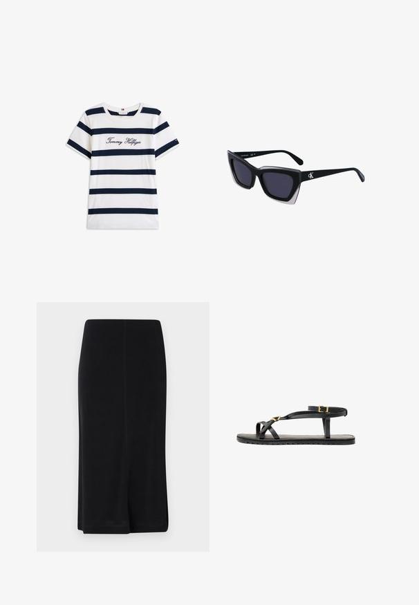 Tricou din bumbac cu dungi orizontale bleumarin pe un fundal alb. "Tommy Hilfiger" brodat în stil cursiv pe piept. Decolteu rotund.; Fustă neagră până la genunchi, dintr-un material neted, având o siluetă dreaptă, design simplu și slituri laterale pentru ușurința mișcării.; Sandale negre din piele, cu curele subțiri și o curea cu cataramă la gleznă. Talpă plată cu un finisaj texturat și margine în zigzag. Design minimalist.; Ochelari de soare supradimensionați, negri, cu o formă geometrică, având lentile întunecate și un detaliu gri contrastant pe ramă. Logo pe braț.