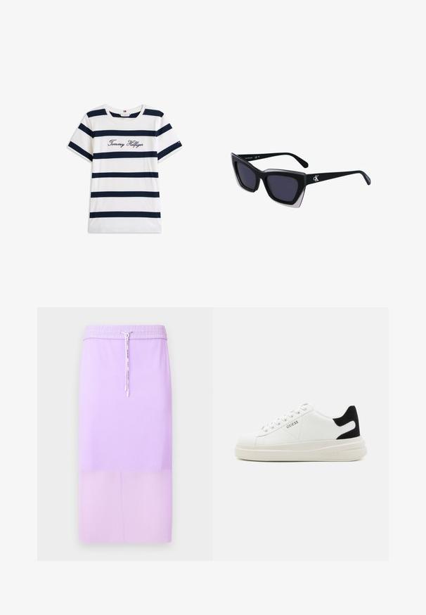 Μπλούζα φανέλα από βαμβάκι με οριζόντιες ναυτικές ρίγες σε λευκό φόντο. "Tommy Hilfiger" κεντημένο με καλλιγραφικά γράμματα στο στήθος. Στρογγυλή λαιμόκοψη.; Λεβάντα καμπαρντίνα με ρίγες midi, με ελαστική μέση και ρυθμιζόμενο κορδόνι. Λείο υλικό, ευθεία γραμμή και μονόχρωμο.; Λευκά δερμάτινα αθλητικά παπούτσια με χοντρή λευκή σόλα, μαύρη σουέτ λεπτομέρεια στην φτέρνα και ανάγλυφο λογότυπο στο πλάι. Σχέδιο με κορδόνια και έξι θηλιές.; Μαύρα υπερμεγέθη γυαλιά ηλίου με γεωμετρικό σχήμα, διαθέτοντας σκούρους φακούς και αντίθεση γκρίζα λεπτομέρεια στη σκελετό. Λογότυπο στον βραχίονα.