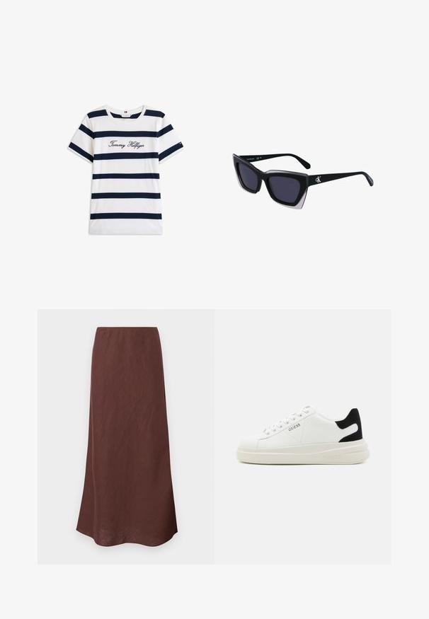 Baumwoll-T-Shirt mit horizontalen navy-blauen Streifen auf weißem Hintergrund. "Tommy Hilfiger" in Kursivschrift auf der Brust gestickt. Runder Halsausschnitt.; Brauner, langer Rock aus leichtem Stoff. Hat ein einfaches Design mit geradem Schnitt und glatter Textur. Der Saum ist leicht gewellt.; Weiße Leder-Sneaker mit einer dicken weißen Sohle, schwarzem Wildlederakzent an der Ferse und geprägtem Logo an der Seite. Schnürdesign mit sechs Ösen.; Schwarze übergroße Sonnenbrille mit geometrischer Form, ausgestattet mit dunklen Gläsern und einem kontrastierenden grauen Detail im Rahmen. Logo am Bügel.
