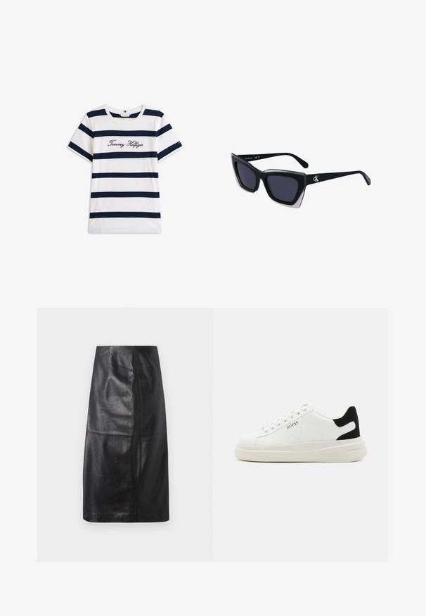Baumwoll-T-Shirt mit horizontalen navy-blauen Streifen auf weißem Hintergrund. "Tommy Hilfiger" in Kursivschrift auf der Brust gestickt. Runder Halsausschnitt.; DRYKORN GENTIANA - Bleistiftrock - black; Weiße Leder-Sneaker mit einer dicken weißen Sohle, schwarzem Wildlederakzent an der Ferse und geprägtem Logo an der Seite. Schnürdesign mit sechs Ösen.; Schwarze übergroße Sonnenbrille mit geometrischer Form, ausgestattet mit dunklen Gläsern und einem kontrastierenden grauen Detail im Rahmen. Logo am Bügel.