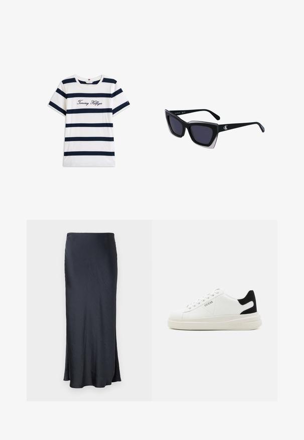 T-shirt en coton avec des rayures horizontales bleu marine sur un fond blanc. "Tommy Hilfiger" brodé en écriture cursive sur la poitrine. Encolure ras du cou.; Jupe en satin gris foncé, longue, avec une texture lisse, présentant une coupe droite et un ourlet légèrement évasé pour une variation de forme subtile.; Baskets en cuir blanc avec une épaisse semelle blanche, un accent en daim noir au niveau du talon et un logo embossé sur le côté. Design à lacets avec six œillets.; Lunettes de soleil noires surdimensionnées avec une forme géométrique, dotées de verres foncés et d'un détail gris contrastant sur la monture. Logo sur la branche.