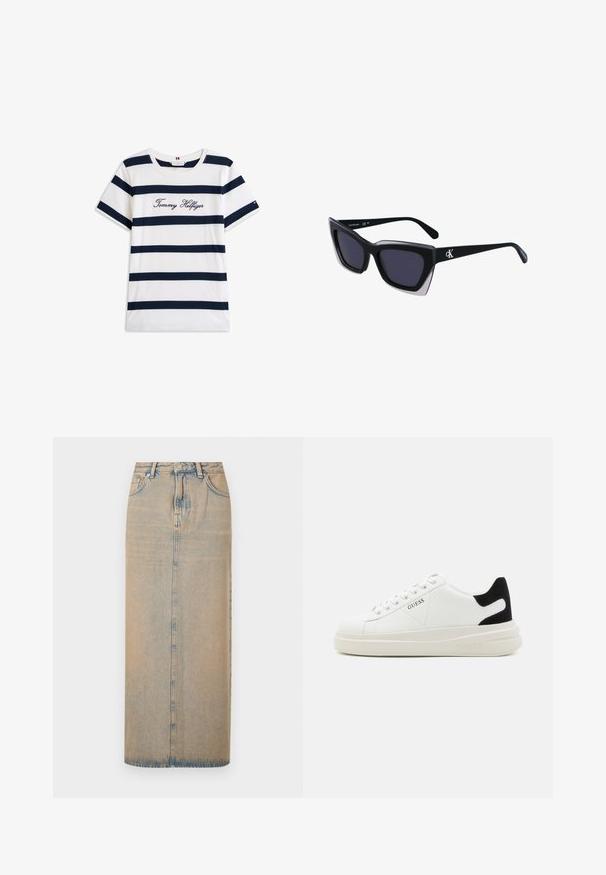 Bombažna majica s horizontalnimi mornarsko modrimi črtami na belem ozadju. "Tommy Hilfiger" izvezeno v kurzivni pisavi na prsih. Okrugli izrez.; Dolga denim krila svetlo modre barve s ravnim krojem. Ima pet žepov, zanke za pas in sprednje gumbno zapiranje. Vsebuje zbledelo teksturo po celotni površini.; Bele usnjene športne copate z debelim belim podplatom, črnimi semišnimi detajli na peti in utisnjenim logotipom na strani. Zavezovanje s šestimi luknjicami.; Črne prevelike sončne očala geometrijske oblike, z temnimi lečami in kontrastno sivo podrobnostjo na okvirju. Logo na ročaju.