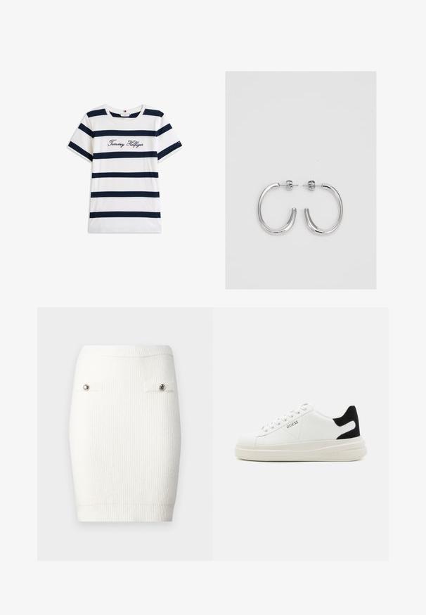 Baltos medvilninės marškinėliai su horizontaliomis tamsiai mėlynomis juostelėmis. Ant krūtinės išsiuvinėtas „Tommy Hilfiger“ rašmuo. Apvalus iškirpimas.; Balta eilėta megzta mini sijonas su sidabro mygtukų akcentais ant priekinių kišenių ir aptempta siluetu, pasižymintis švelnia tekstūra ir elastiniu juosmeniu.; Baltos odinės sportbačiai su storu baltu padu, juodu nubuko kulno akcentu ir iškilmingu logotipu šone. Su raišteliais, turinčiais šešis akinius.; Sidabrinės auskarai žiedai su lygiu, blizgiu paviršiumi. Suapvalinta forma, lengvas dizainas, su uždarymu ant smeigtuko.