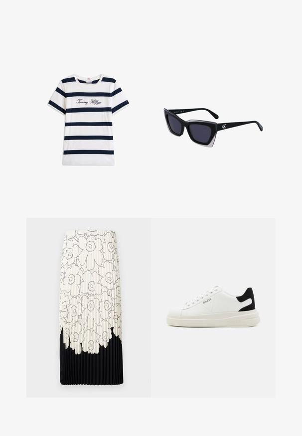 Kokvilnas T-krekls ar horizontālām tumši zilām svītrām uz balta fona. "Tommy Hilfiger" izšūts skriptā uz krūšu daļas. Cauruma apkakle.; Plīsētā svārki ar melnbaltu ziedu rakstu, ar gaišu augšējo daļu, kas rotāta ar ziediem, un vienkrāsainu melnu apakšmalu.; Baltas ādas sporta apavi ar biezu balto zoli, melna zamša uzpura un izspiestais logotips sānos. Šņorējuma dizains ar sešiem acu caurumiem.; Melni pārmēru saulesbrilles ar ģeometrisku formu, kas aprīkotas ar tumšiem stikliem un kontrastējošu pelēku akcentu uz rāmja. Logo uz kājas.