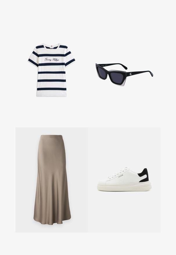 T-shirt i bomuld med vandrette marineblå striber på en hvid baggrund. "Tommy Hilfiger" broderet i kursiv på brystet. Rund hals.; Lang brun satin nederdel med en glat tekstur, der har en flydende silhuet og en let udvidet kant. Ingen synlig hardware eller mønstre.; Hvide lædersneakers med en tyk hvid sål, sort ruskindhælvægt og prægede logoer på siden. Snørebåndsdesign med seks øjer.; Store sorte oversized solbriller med geometrisk form, med mørke linser og en kontrasterende grå detalje på stellet. Logo på armen.