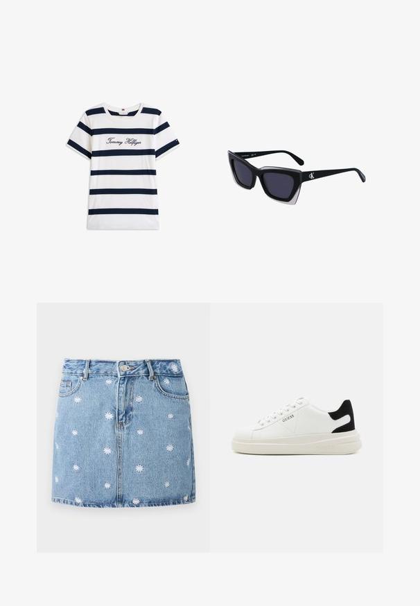 Kokvilnas T-krekls ar horizontālām tumši zilām svītrām uz balta fona. "Tommy Hilfiger" izšūts skriptā uz krūšu daļas. Cauruma apkakle.; Gaiši zils džinsu svārku ar baltām izšūtām puķu dizainiem, piecām kabatām un pogu aizdari, ar taisnu mini garuma griezumu.; Baltas ādas sporta apavi ar biezu balto zoli, melna zamša uzpura un izspiestais logotips sānos. Šņorējuma dizains ar sešiem acu caurumiem.; Melni pārmēru saulesbrilles ar ģeometrisku formu, kas aprīkotas ar tumšiem stikliem un kontrastējošu pelēku akcentu uz rāmja. Logo uz kājas.
