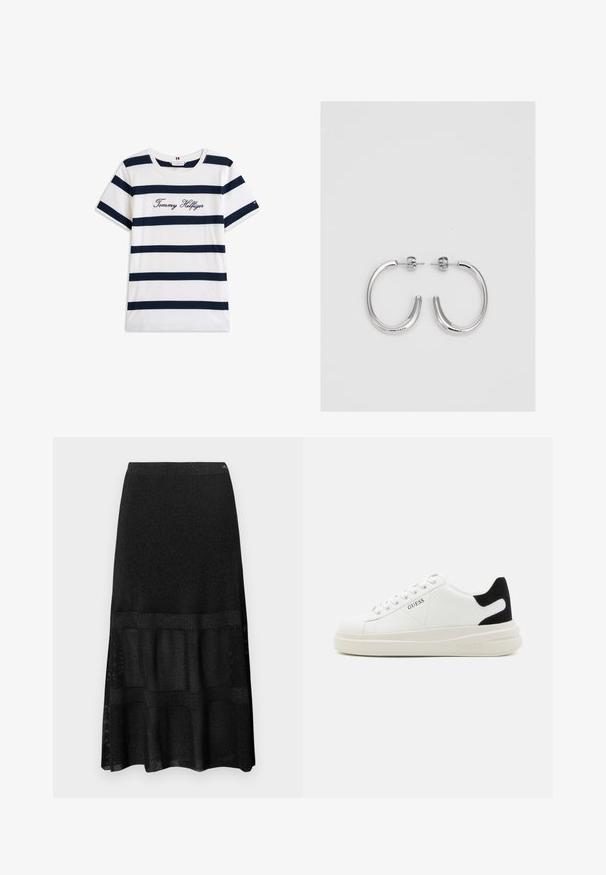 T-shirt i bomuld med vandrette marineblå striber på en hvid baggrund. "Tommy Hilfiger" broderet i kursiv på brystet. Rund hals.; Sort ribbet striklang nederdel med et struktureret paneldesign, elastisk talje og subtil glans i stoffet.; Hvide lædersneakers med en tyk hvid sål, sort ruskindhælvægt og prægede logoer på siden. Snørebåndsdesign med seks øjer.; Sølv hoop øreringe med en glat, skinnende overflade. Rundet form, letvægtsdesign med post-back lukning.