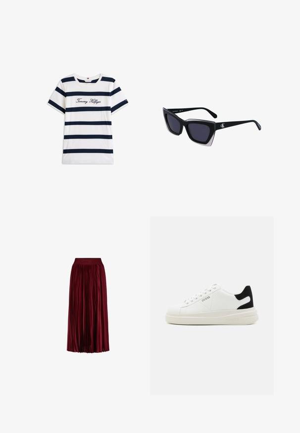Bavlněné tričko s horizontálními námořnickými pruhy na bílém pozadí. Na hrudi je výšivka "Tommy Hilfiger" v kurzívě. Kulatý výstřih.; Bordó plisovaná midi sukně s elastickým pasem, která má jemně embosované jméno značky.; Bílé kožené tenisky s tlustou bílou podrážkou, černým semišovým akcentem na patě a vyraženým logem na boku. Šněrovací design se šesti očka.; Černé oversized sluneční brýle geometrického tvaru, s tmavými skly a kontrastním šedým detailem na rámu. Logo na rameni.