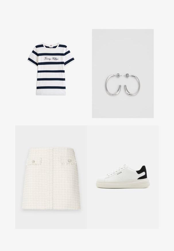Katoenen T-shirt met horizontale marineblauwe strepen op een witte achtergrond. "Tommy Hilfiger" geborduurd in cursieve letters op de borst. Ronde hals.; Witte tweed mini-jurk met een gestructureerd, geruit patroon. Beschikt over twee voorste klepzakken met decoratieve knopen. Rechte zoom.; Witte leren sneakers met een dikke witte zool, zwarte suède hielaccent en een geperst logo op de zijkant. Vetersluiting met zes oogjes.; Zilveren oorringen met een gladde, glanzende afwerking. Ronde vorm, lichtgewicht ontwerp, voorzien van een post-back sluiting.