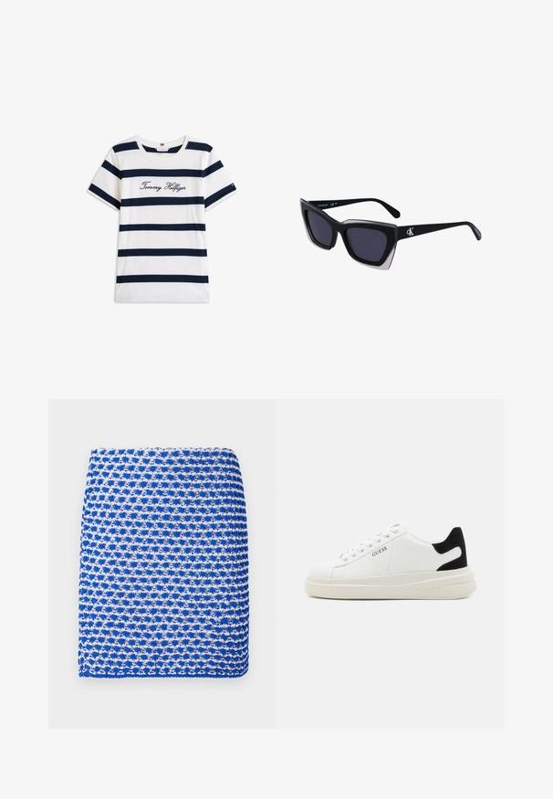 T-shirt en coton avec des rayures horizontales bleu marine sur un fond blanc. "Tommy Hilfiger" brodé en écriture cursive sur la poitrine. Encolure ras du cou.; Écharpe tricotée bleu et blanc à motif, avec un tissage texturé et une forme rectangulaire, composée d'un tissu léger.; Baskets en cuir blanc avec une épaisse semelle blanche, un accent en daim noir au niveau du talon et un logo embossé sur le côté. Design à lacets avec six œillets.; Lunettes de soleil noires surdimensionnées avec une forme géométrique, dotées de verres foncés et d'un détail gris contrastant sur la monture. Logo sur la branche.