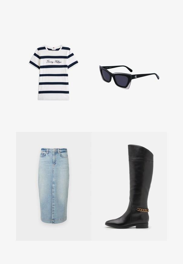 Baltos medvilninės marškinėliai su horizontaliomis tamsiai mėlynomis juostelėmis. Ant krūtinės išsiuvinėtas „Tommy Hilfiger“ rašmuo. Apvalus iškirpimas.; Šviesiai mėlyna džinsinė pieštuko sijonas su mygtukų užsegimu, kišenėmis ir vertikaliomis siūlėmis. Lygus audinys, iki kelių ilgio dizainas.; Aukšti juodi odiniai batai su liekna forma, smailiu smaigaliu ir aukso grandinėlės akcentu ties kulkšnimi. Žemas bloko kulnas. Lygi tekstūra.; Juodos didelės saulės akinių su geometrine forma, turinčiais tamsius objektyvus ir kontrastingą pilką detalę ant rėmelio. Logotipas ant šalon.