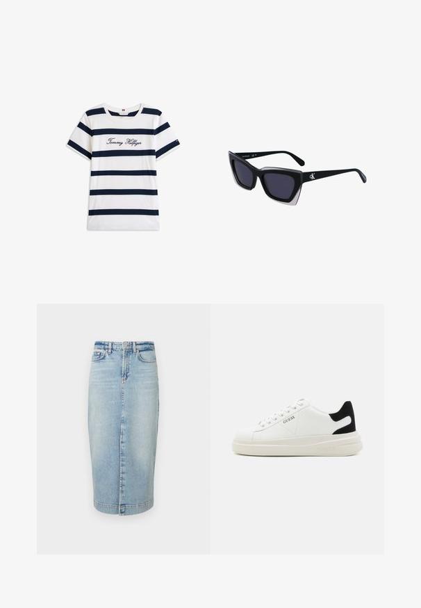 Koftet laget av bomull har horisontale marineblå striper på hvit bakgrunn. "Tommy Hilfiger" brodert i kursiv på brystet. Rund hals.; Lyseblå denim blyantskjørt med knappelukking, lommer og vertikale sømmer. Glatt tekstur, kne-lengde design.; Hvite lær sneakers med tykk hvit såle, svart semsket hælforsterkning og preget logo på siden. Snøresystem med seks hull.; Store svarte solbriller i overdimensjonert størrelse med geometrisk form, med mørke linser og en kontrasterende grå detalj på rammen. Logo på armen.