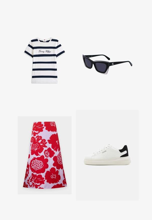 Puuvillainen t-paita, jossa on vaakasuoria tummansinisiä raitoja valkoisella taustalla. "Tommy Hilfiger" brodeerattu kursiivilla rintamuksessa. Pyöreä kaula-aukko.; Punane lillemustriga seelik valgel taustal; põlvepikkune, flirdilise kujundusega ja siledanäoline tekstuuriga. Ühtegi nähtavat kinnitust või aksessuaari ei ole.; Valkoiset nahkakengät paksulla valkoisella pohjalla, mustalla mokkanahkaosuudella kannassa ja kohokuvioitu logo sivulla. Nauhakeskitys kuudella reiällä.; Mustat ylisuuret aurinkolasit, joissa on geometrinen muoto, tummat linssit ja kehykseen erottuva harmaa yksityiskohta. Logo varressa.